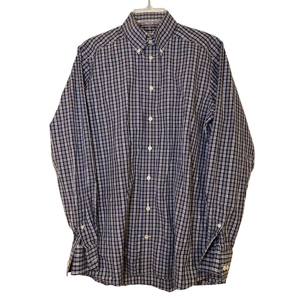 Eton Mens Contemporary Fit Plaid Button Down Shirt Navy‎ White Brown 15.75 40